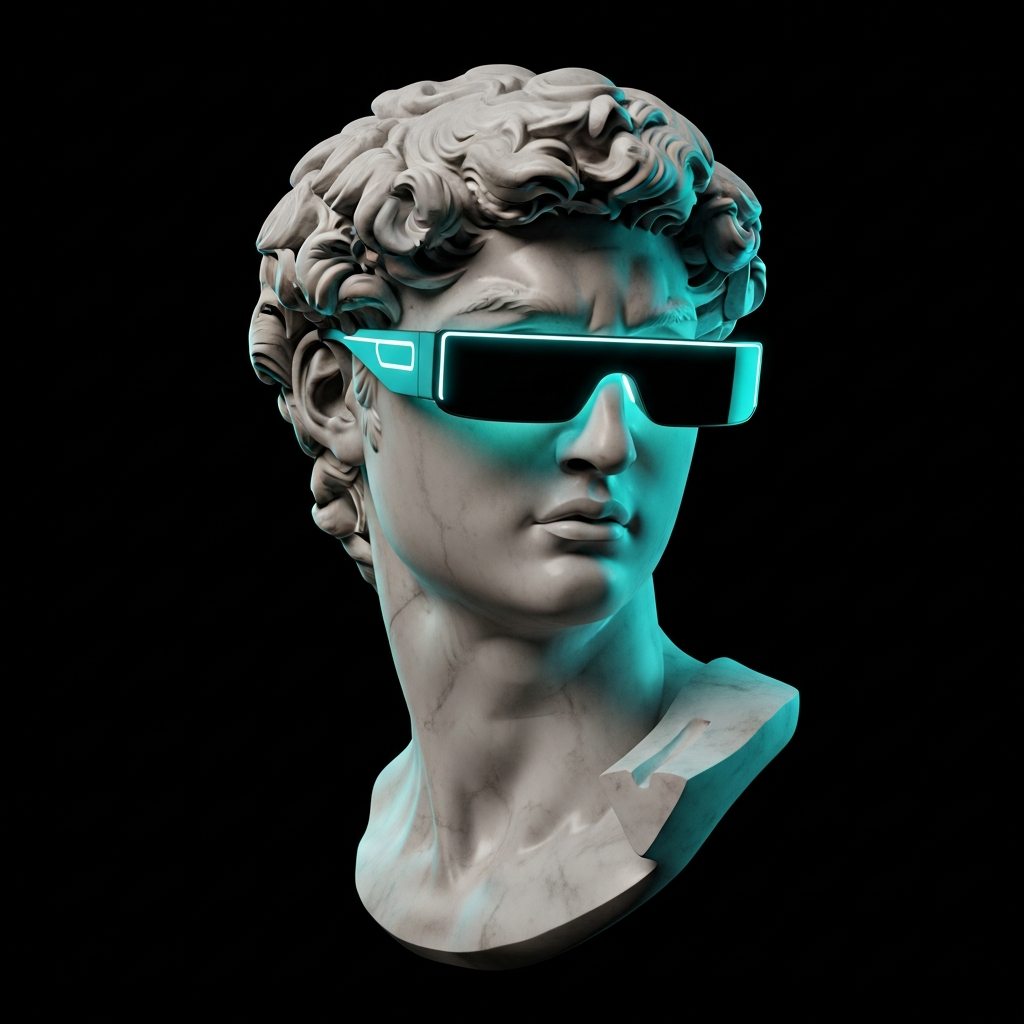 Estatua clásica con gafas de IA — visión del futuro de la inteligencia artificial